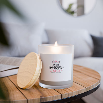 Frenchie Love Frosted Glass Candle — 11oz Soy Scented Candle with Wooden Lid